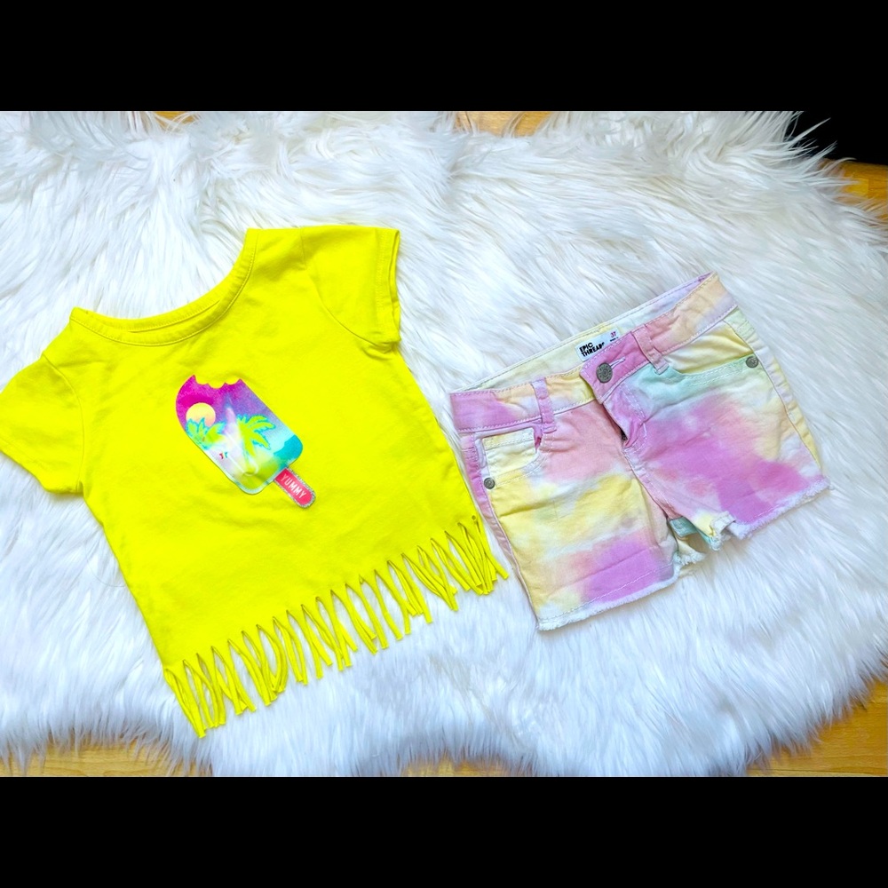 2T summer shirt and 3T Jean shorts. Summer colors. Different brands